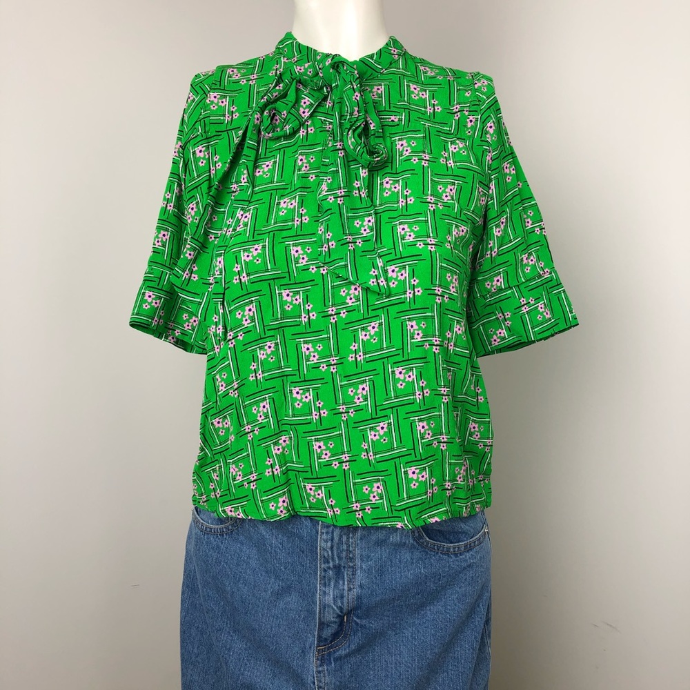 Zara Green Floral Patterned Bow Tie-Front Blouse Size XS